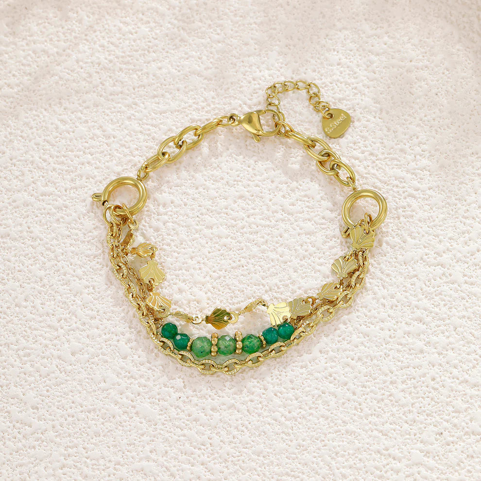 Bracelet Doré Multi Chaîne et Pierres Coloré et Médaillon Martelé