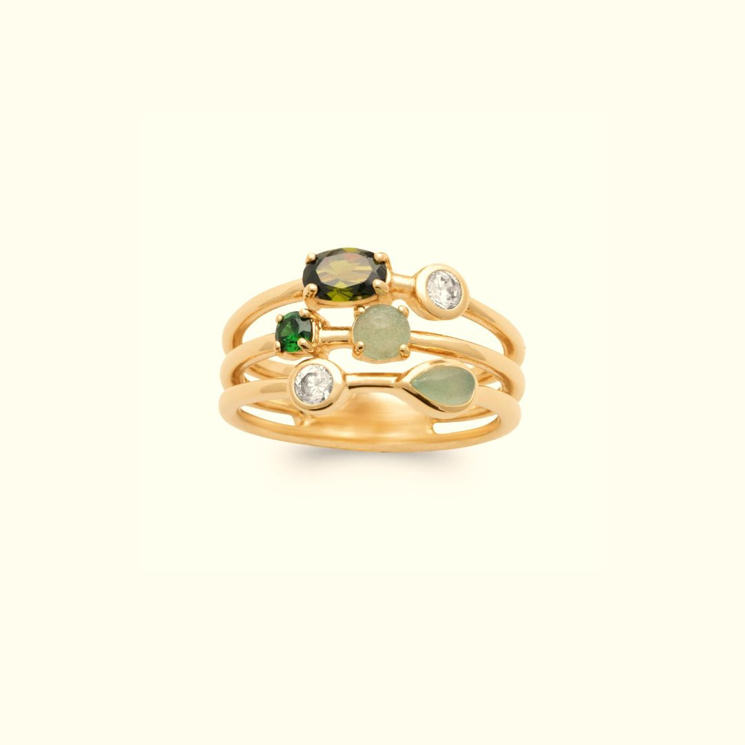 Bague 3 Rangs Plaqué Or Pierre Fine et Cristaux Vert vu de face