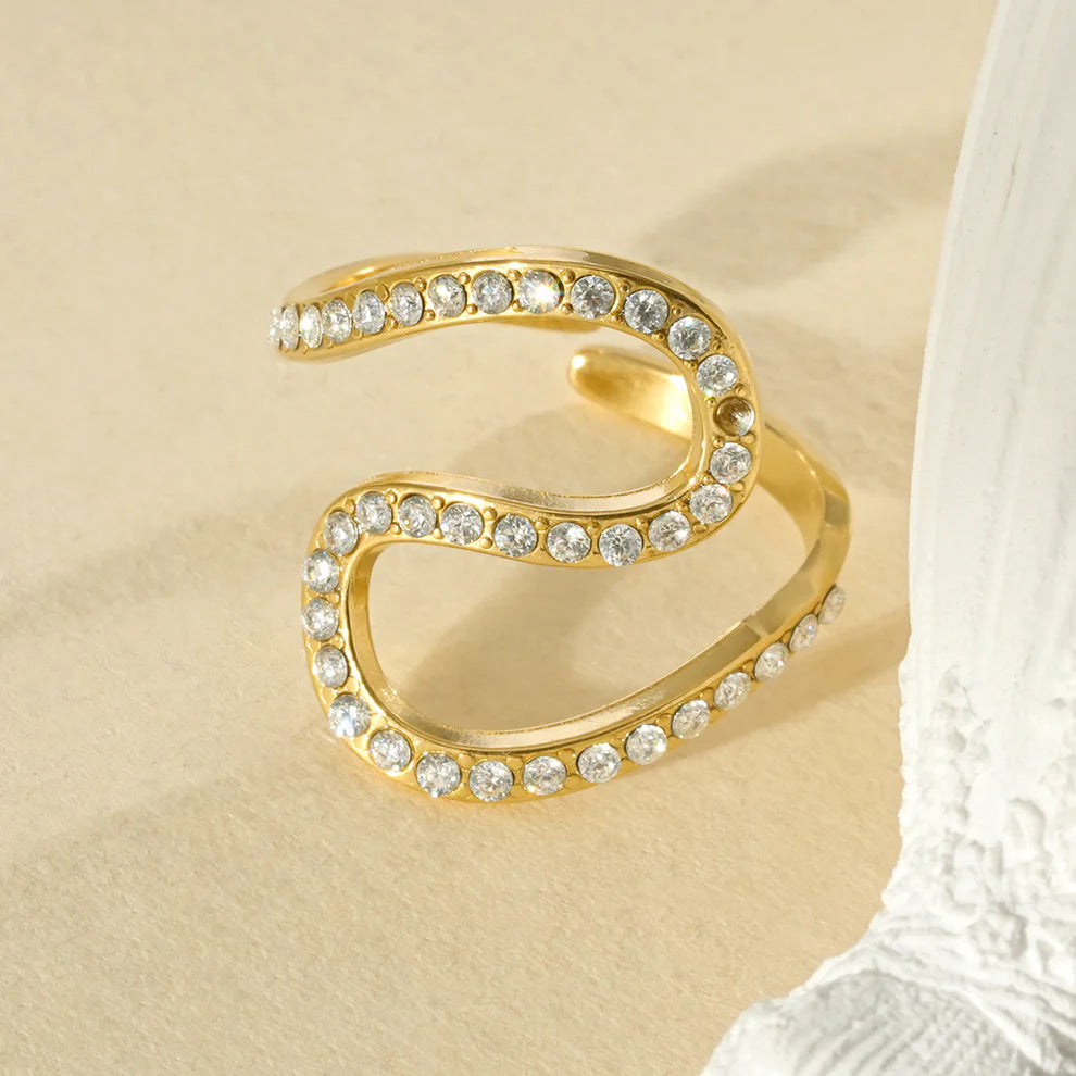 Bague Ajustable Doré Motif Vague et Zircons Blancs