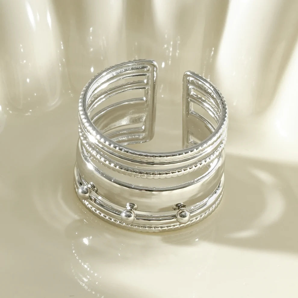 Bague multi-rangs ajourés et perlés Argenté