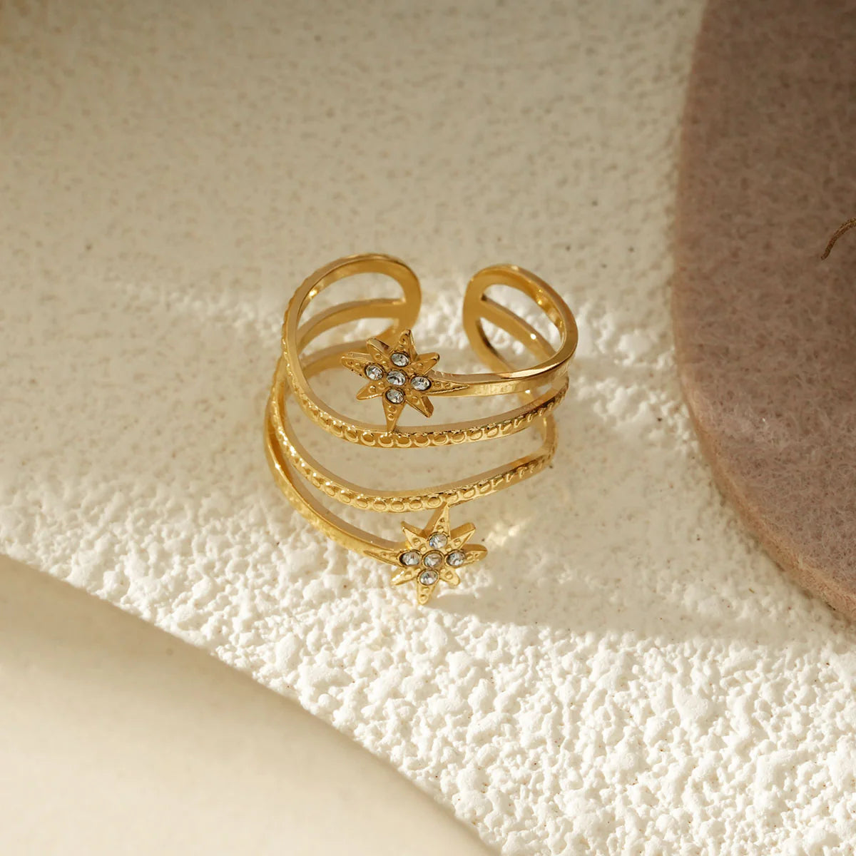 Bague Ajustable Double Star XL - Dorée