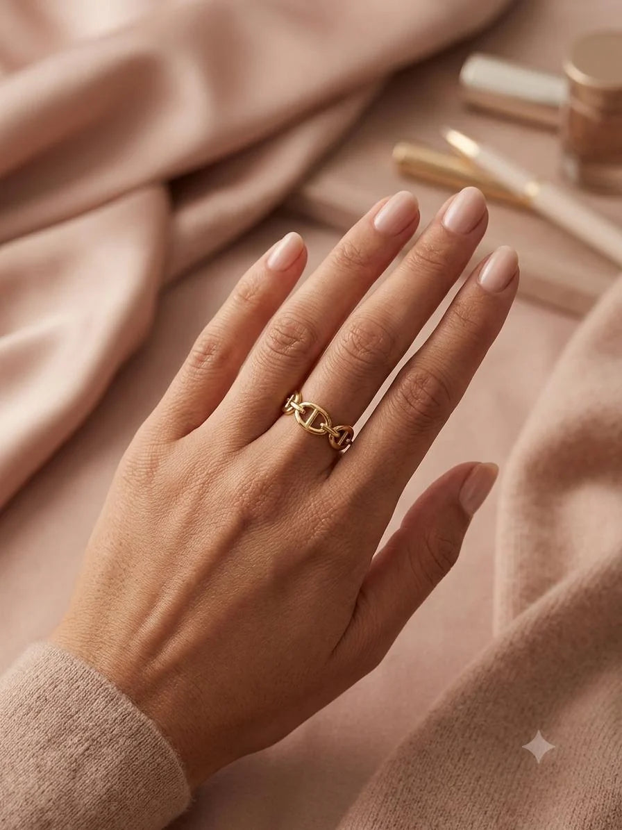 Bague ajustable à motif maille marine en acier inoxydable doré porté