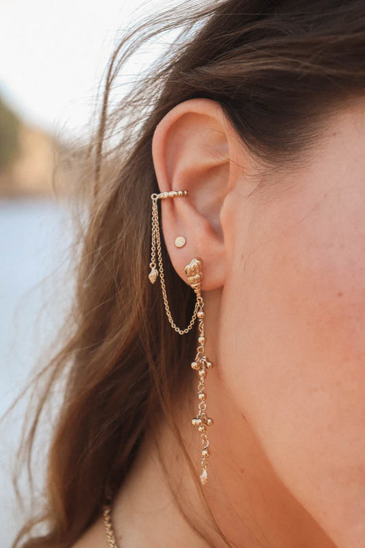 Boucle d'Oreille Chaîne Earcuff Coquillages Dorée Porté