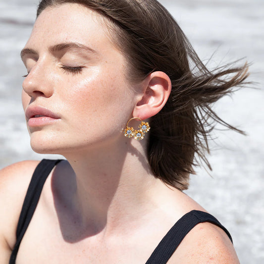 Boucles d'Oreilles Créoles Dorées et 3 Fleurs Cristal Swarovski Gris Porté