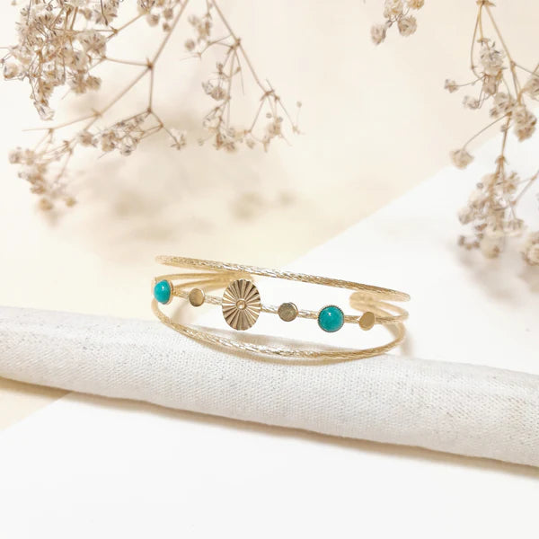 Bracelet Jonc 2 Rangs Petits Ronds Martelés et Pierres Fines Amazonite