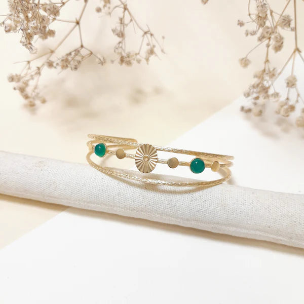 Bracelet Jonc 2 Rangs Petits Ronds Martelés et Pierres Fines Malachite