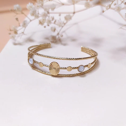 Bracelet Jonc 2 Rangs Petits Ronds Martelés et Pierres Fines Nacre