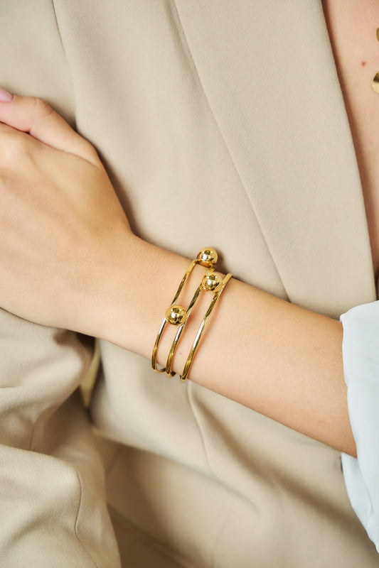 Bracelet Jonc Doré Multi Rangs et Boules Porté