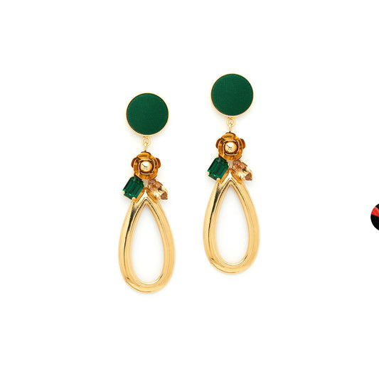 Boucles d'Oreilles Pendantes Bouton, Fleur et Anneau Ovale