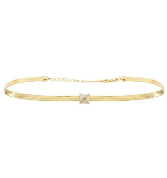 Collier Ras de Cou Choker Doré Maille Plate et Zircon Blanc