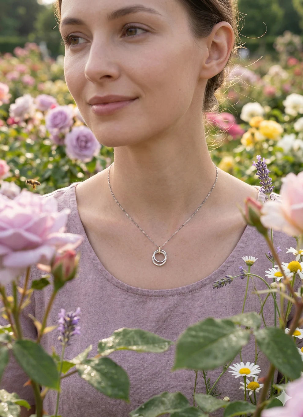 Collier Fin Pendentif 2 Anneaux Entrelacés Bicolores et Strass Porté