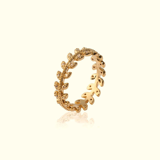 Bague Couronne de Laurier et Strass Plaqué Or vu de face