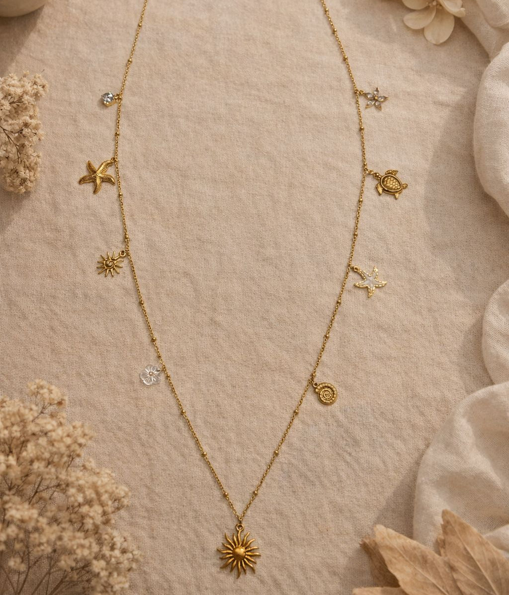 Long Collier Sautoir Chaine et Charms Etoile de Mer, Coquillage et Perles