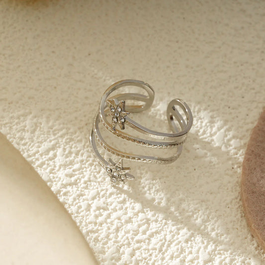 Bague Multi Rangs Argent et 2 Etoiles Strass Blancs