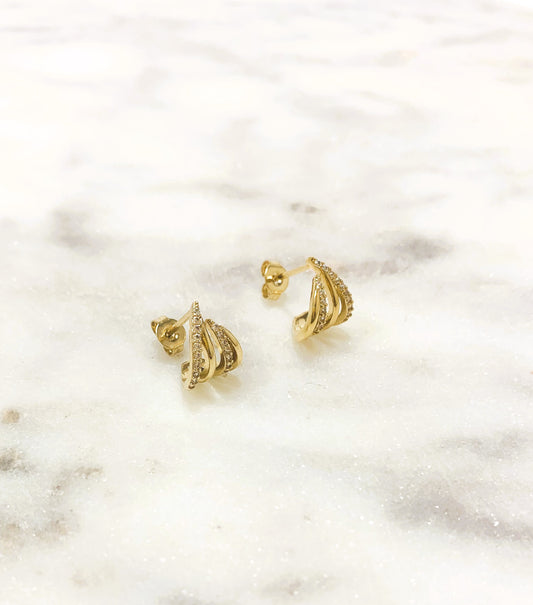 Boucles d'oreilles Puces Plaqué Or 3 rangs et Strass Blancs