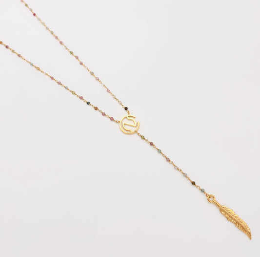 Collier Tour de cou Cravate Perles Tourmaline et Plume