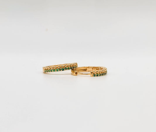 Boucles d'Oreilles Créoles Billes Dorées et Strass Vert