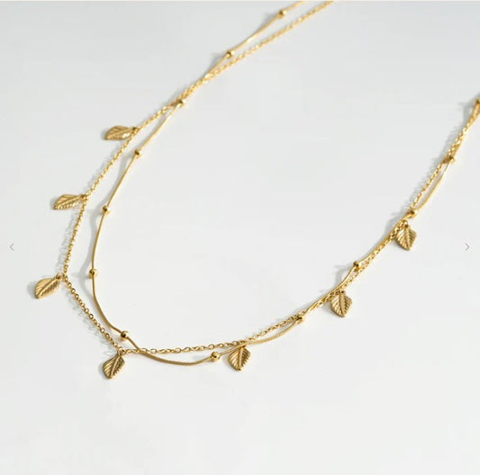 Sautoir 2 Chaines Perles Blanches et Feuilles Doré