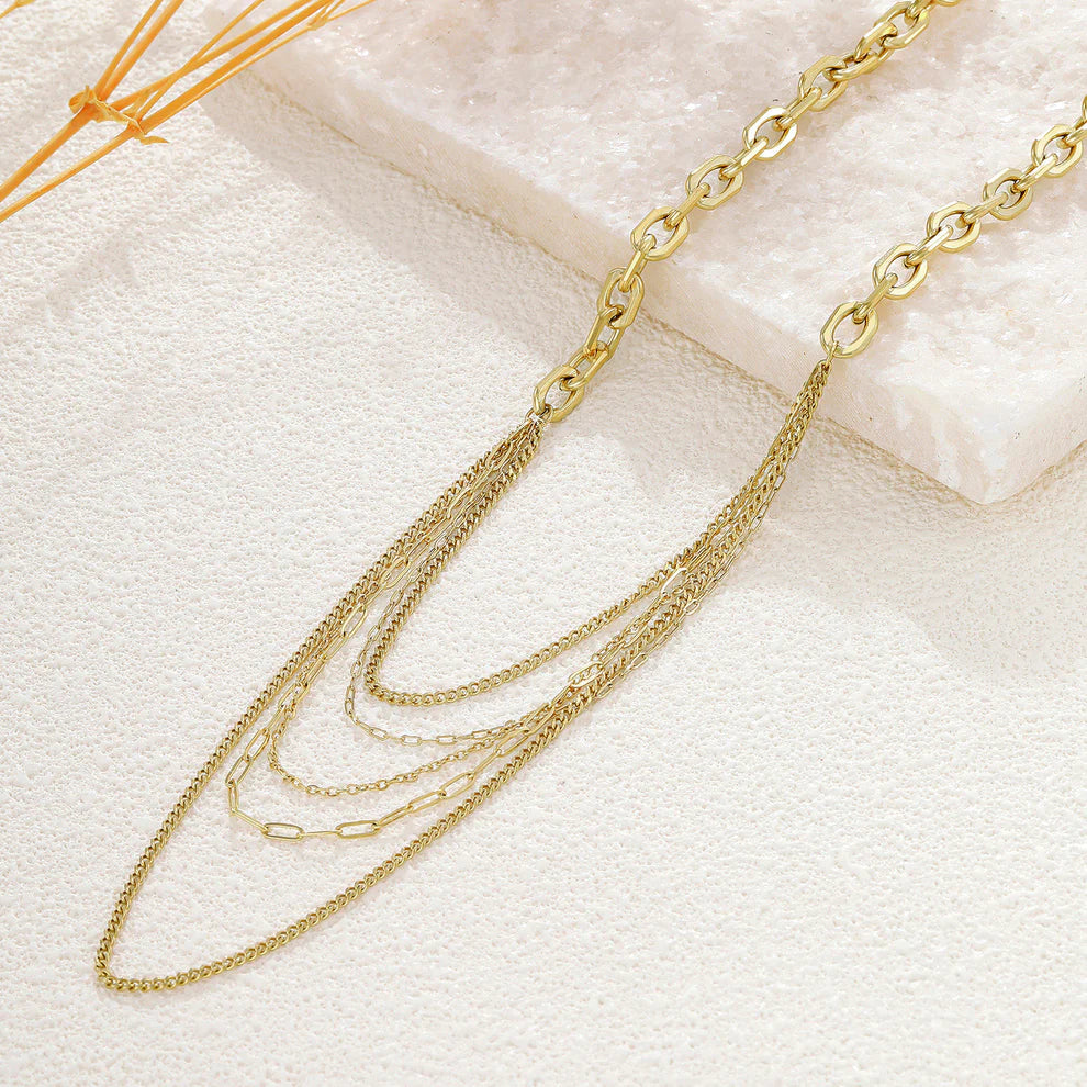 Collier Sautoir 5 Rangs Chaines Fines et Maillons Allongés Doré