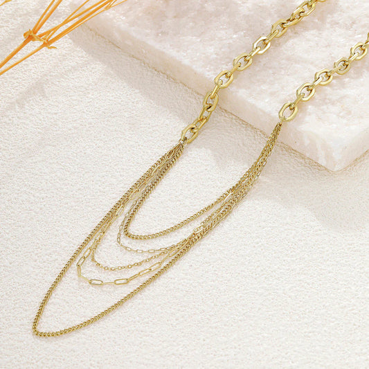 Collier Sautoir 5 Rangs Chaines Fines et Maillons Allongés Doré