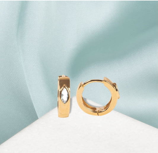 Boucles d'Oreilles Mini Créoles Epaisse et Strass Blanc Plaqué Or