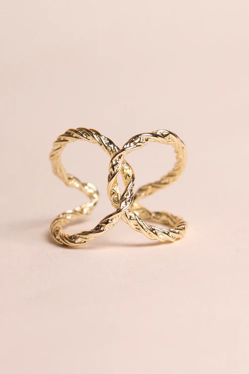Bague Ajustable 2 Anneaux Croisés Martelés Dorée