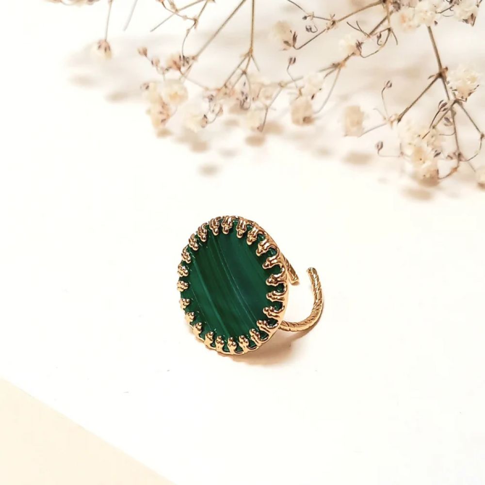 Bague Ajustable Dorée et Pierres Fines Malachite Sertie