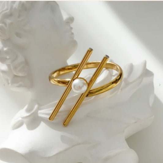Bague Ajustable Double Barre Oblique et Perle Blanche