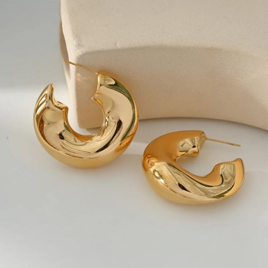 Boucles d'Oreilles Grandes Créoles Epaisses Ondulées Acier Doré