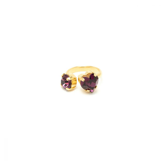 Bague Ouverte 2 Cristaux Violets Serties forme coeur