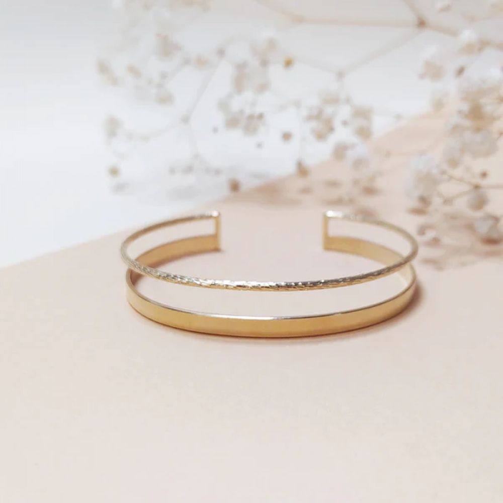 Bracelet Jonc 2 Rangs Lisse et Torsadé Doré