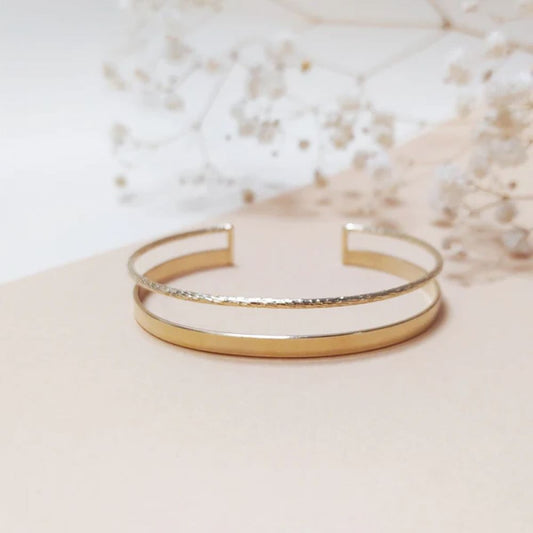 Bracelet Jonc 2 Rangs Lisse et Torsadé Doré