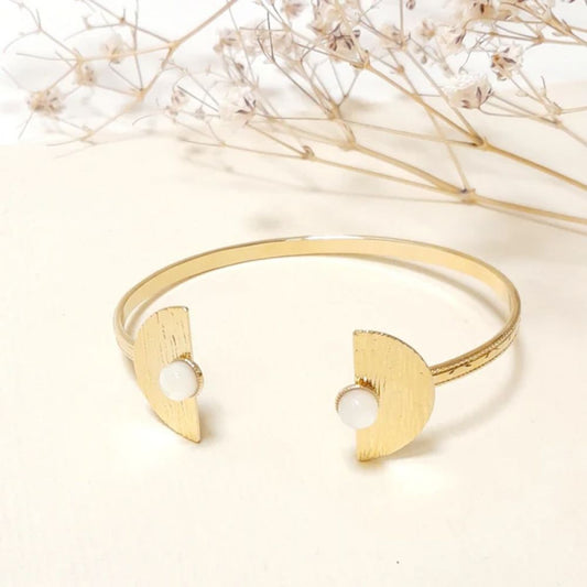 Bracelet Jonc Ouvert 2 Demies Cercles et Nacre Blanche