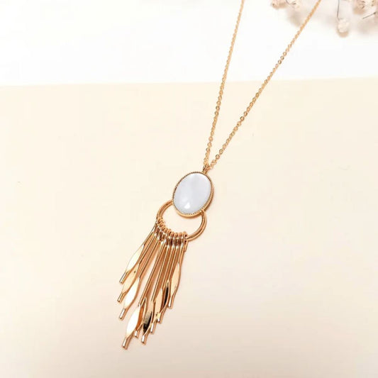 Long Collier Sautoir Pendentif Cercle Frange et Nacre Blanche