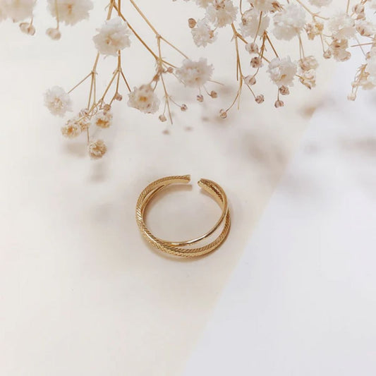 Bague Ajustable Croisillon Lisse et Martelé Dorée