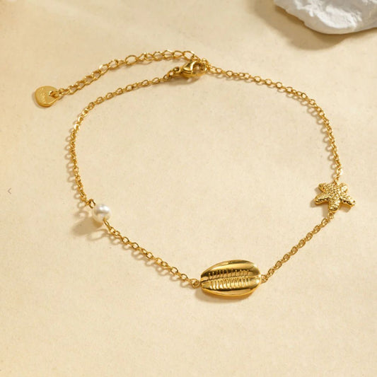 Bracelet de Cheville Breloque Perles et Coquillages Doré