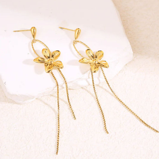Boucles d'Oreilles Pendantes Fleurs et Chaine Boules Doré