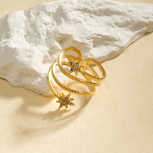 Bague Multi Rangs Doré et 2 Etoiles Strass Blancs