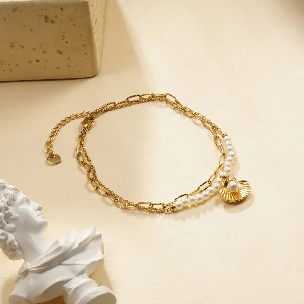 Bracelet Double Chaine Doré Maille, Perles et Breloques Coquillages