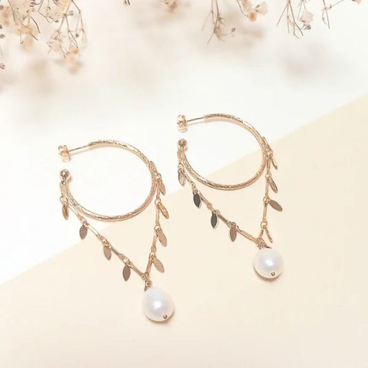 Boucles d'Oreilles Créoles Dorées et Chaines Texturé et Perle