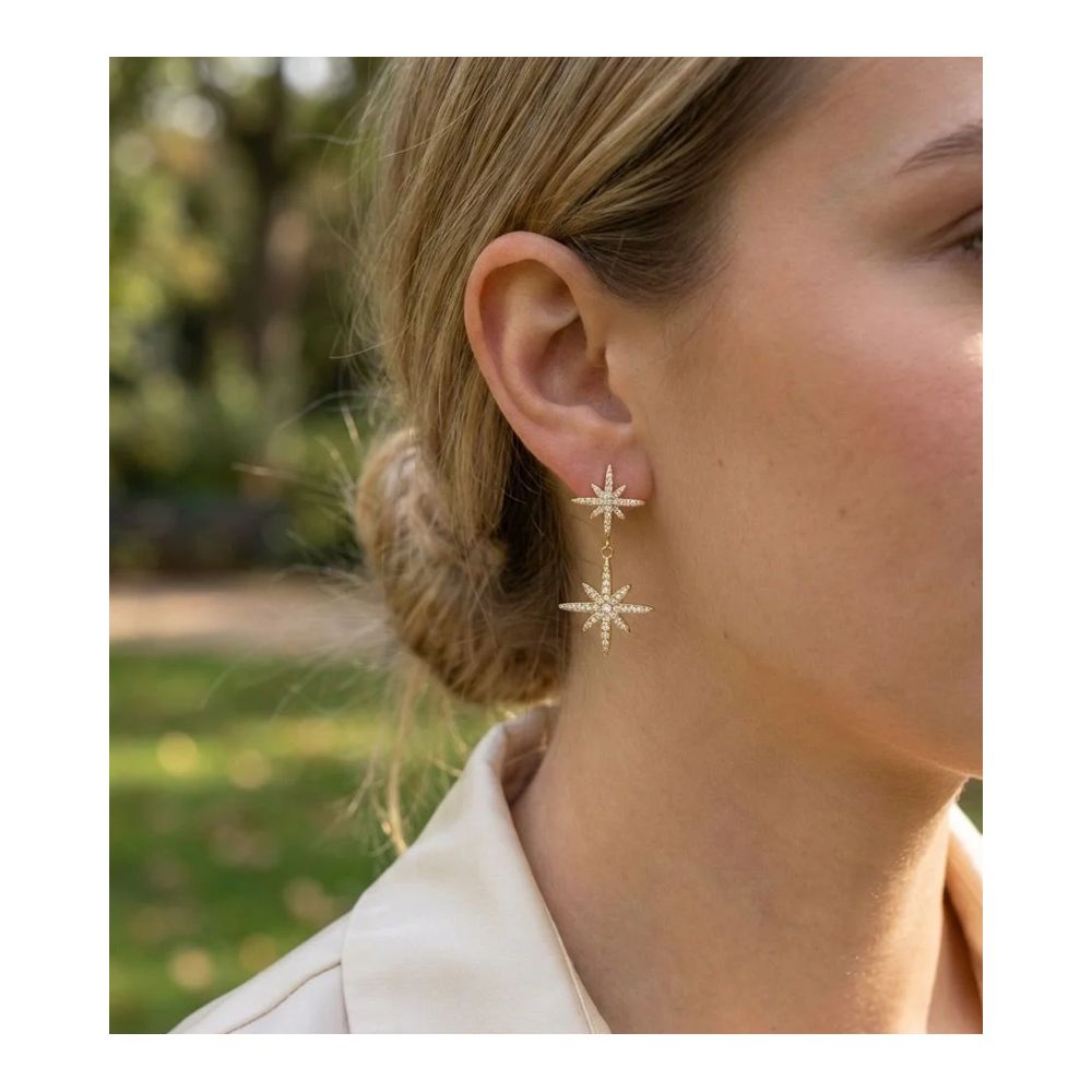 Boucles d'Oreilles Dorées et 2 petites étoiles Strass Blancs Porté