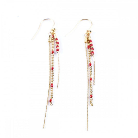 Boucles d'Oreilles Pendantes 3 Chaines et Perles Rouges