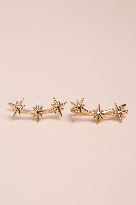 Boucles d'Oreilles Montantes Dessus d'Oreilles 3 Etoiles Plaqué Or Vu de face