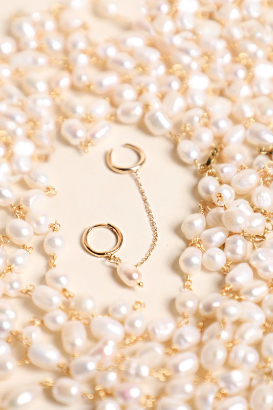 Boucles d'Oreilles 2 Trous Chaines Dorées et Perles