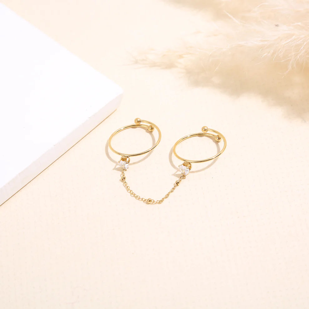 Bague Double 2 Doigts Ajustable Chaine Doré et Zircons Blancs