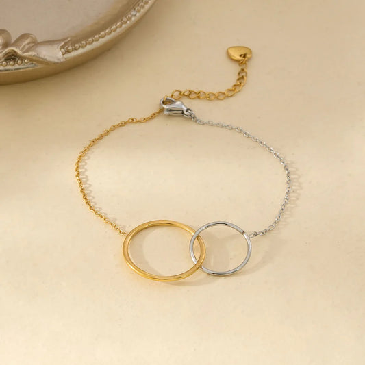 Bracelet Chaine et 2 Cercles Entrelacés Bicolore Doré et Argentés