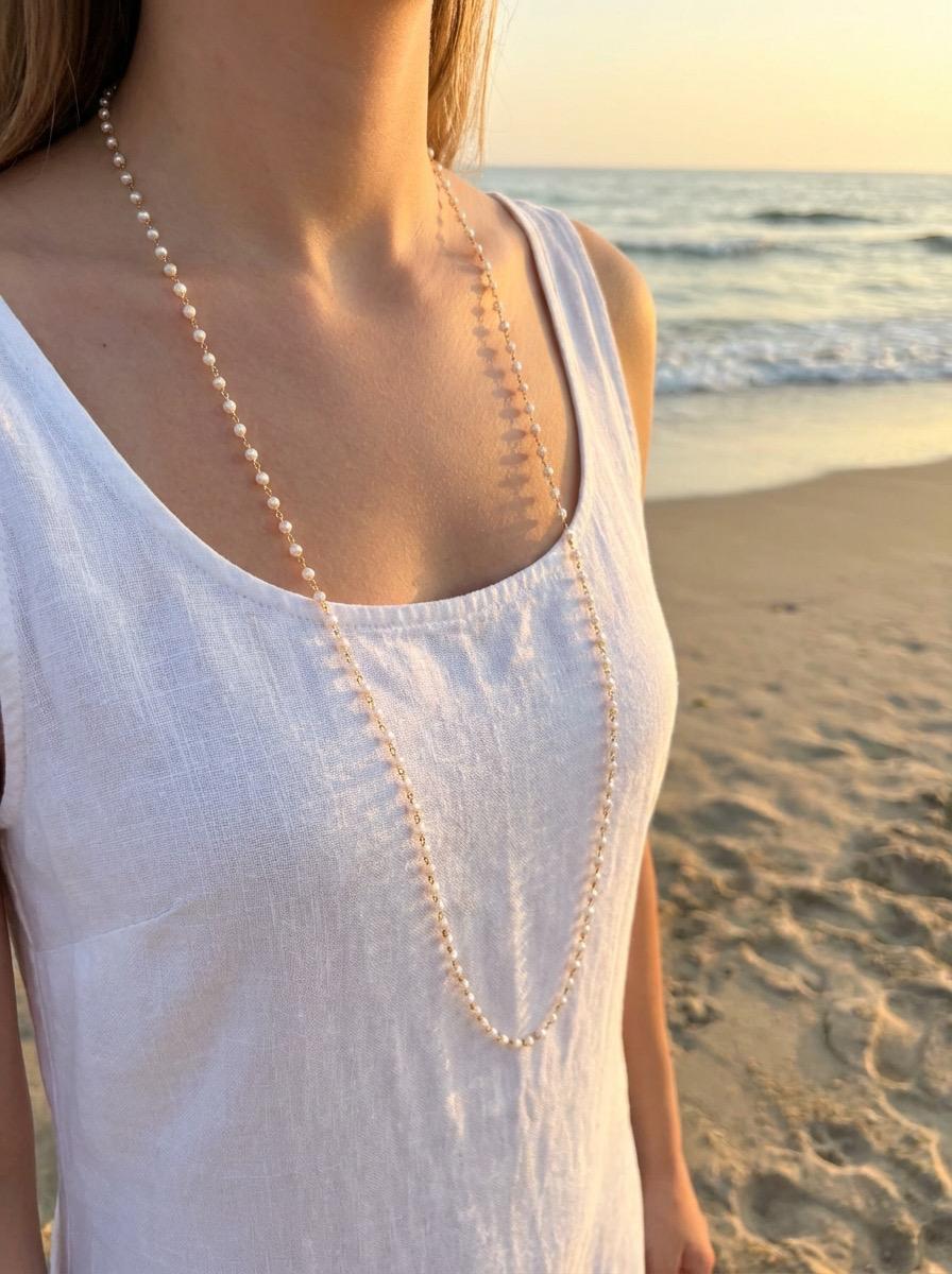 Bijoux de Corps Collier de Dos Doré Perles Blanches Porté