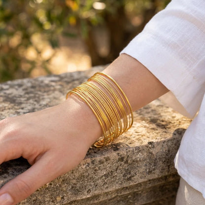 Bracelet Jonc Manchette Multi Rangs Multi Lignes Doré Porté