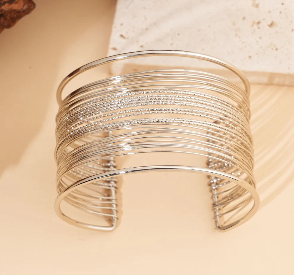 Bracelet Jonc Manchette Multi Rangs Multi Lignes Argenté