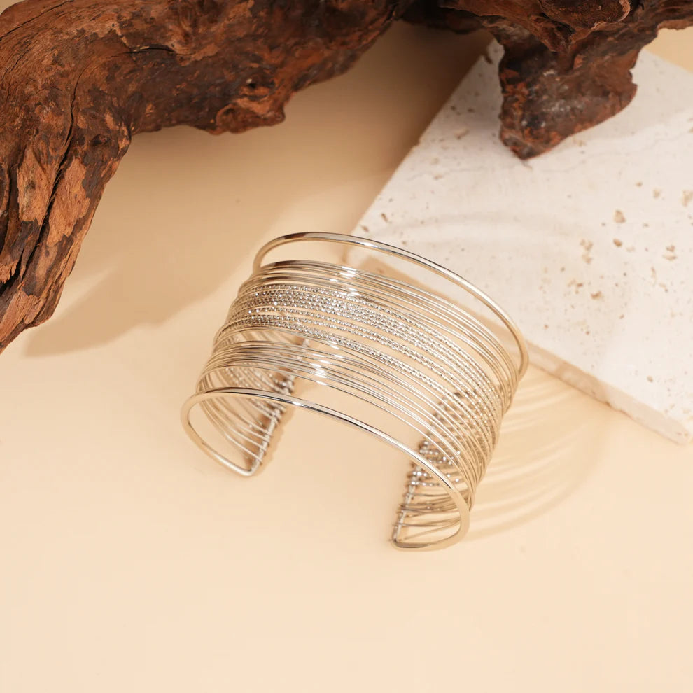 Bracelet Jonc Manchette Multi Rangs Multi Lignes Argenté